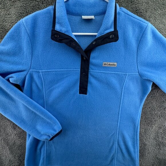 Columbia Blue Fleece Pullover Top Women Medium Long Sleeve 1/4 Snap Adult Soft - Picture 1 of 11